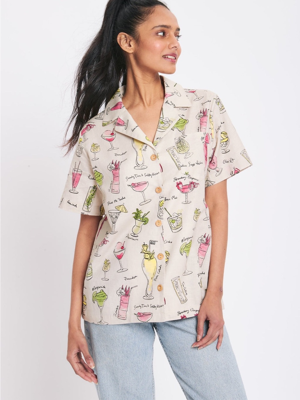 Casual Cream Cocktail Print Button-Up Shirt